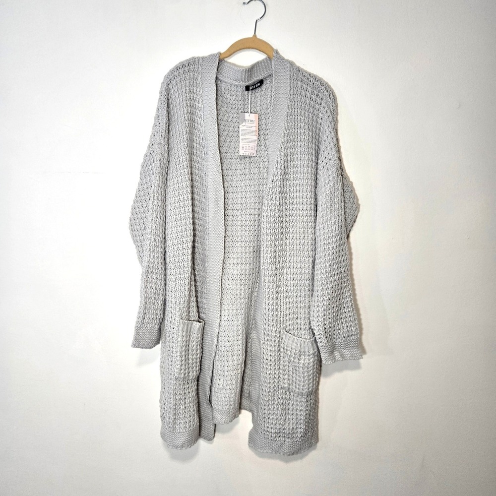 Cardigan Sweater Women XL Grey Waffle Knit Open Front Longline Pockets NWT